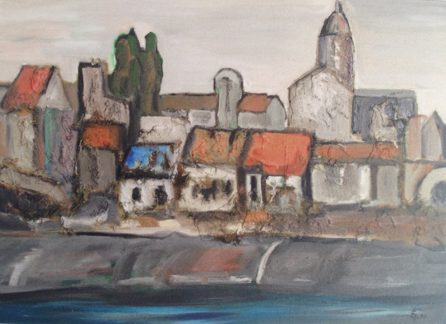 Stadt am Fluss, 川である街, 2012, Öl auf Leinwand, Ernst Ulrich Jacobi