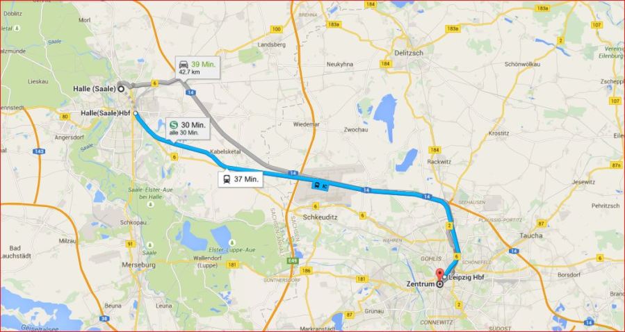 Karte Halle → Leipzig, Entfernung Luftlinie: 32,28 km